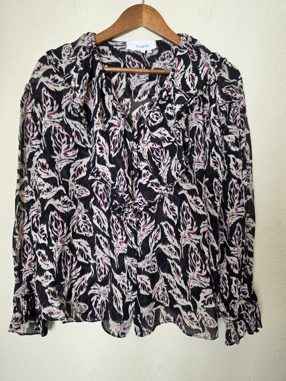 Ba&sh Top Womens Small Black White Floral Ruffle Neck Flutter Sleeve Button Down
